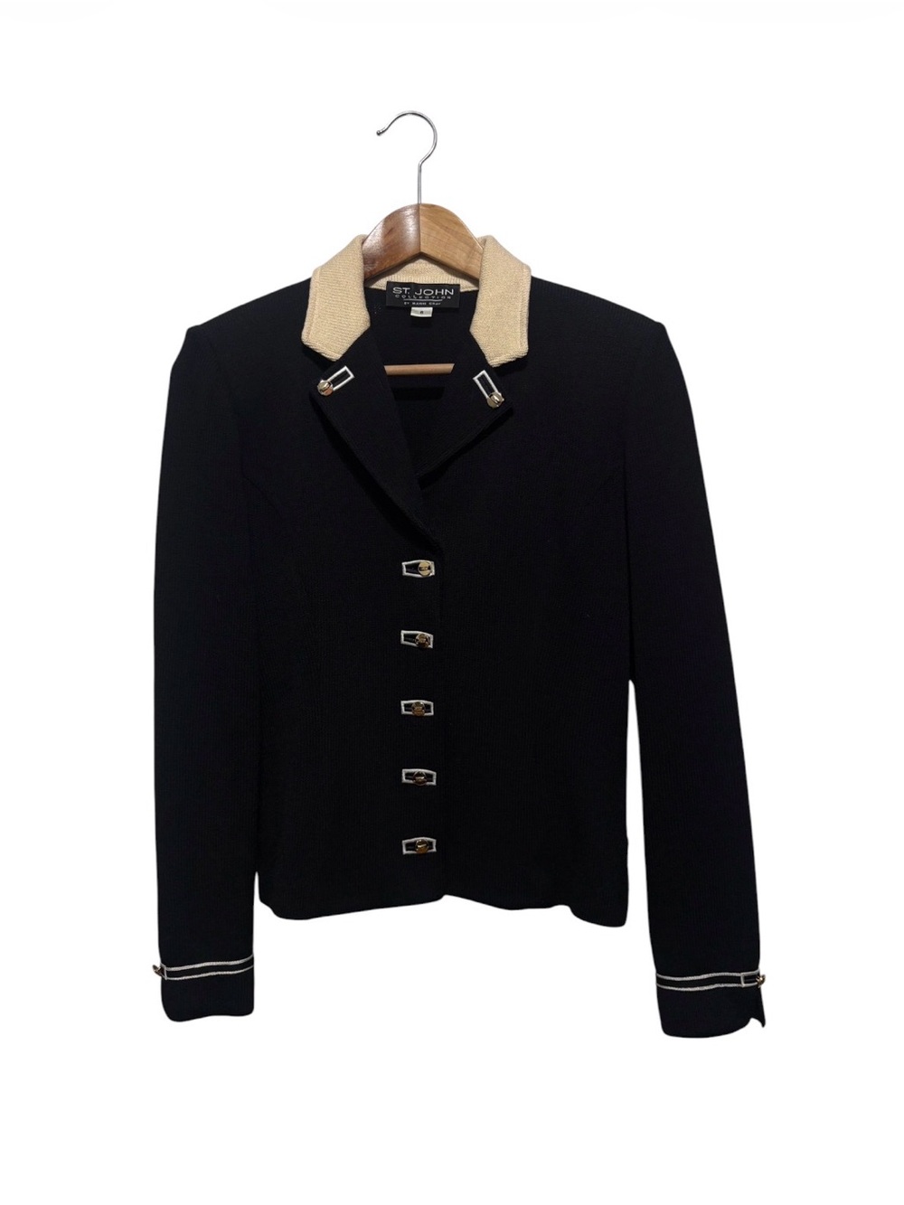 ST JOHN by Marie Gray Knit Jacket Black with White Collar Size